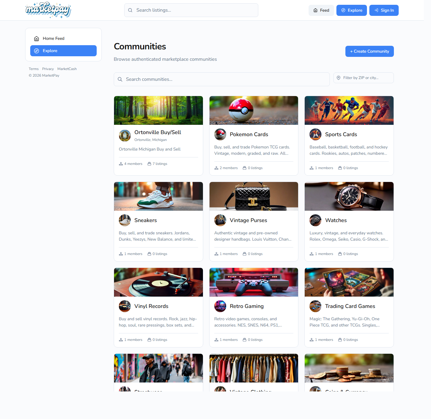 MarketPay communities directory with niche category cards