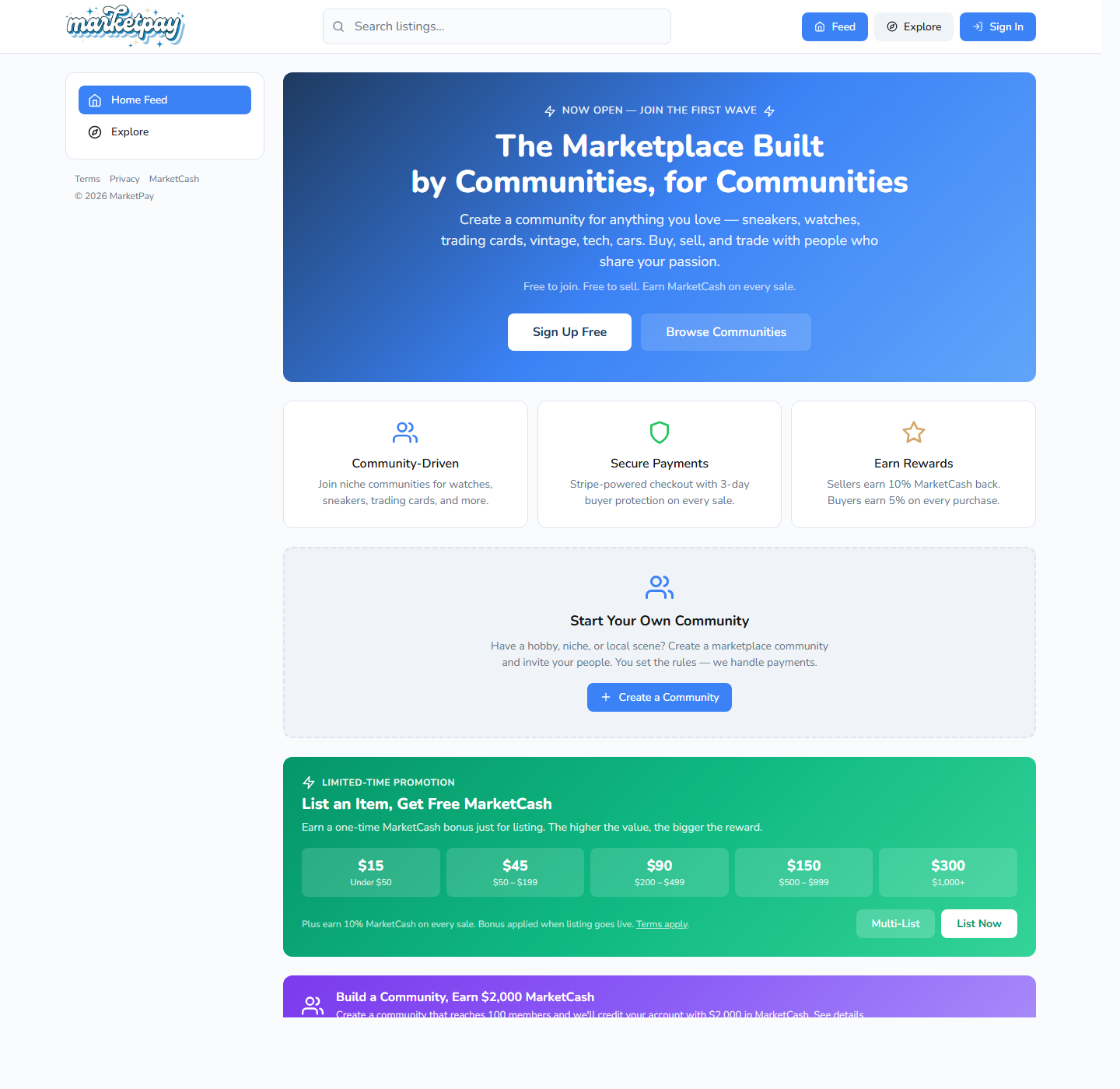 MarketPay home page hero with feature cards and listing bonus