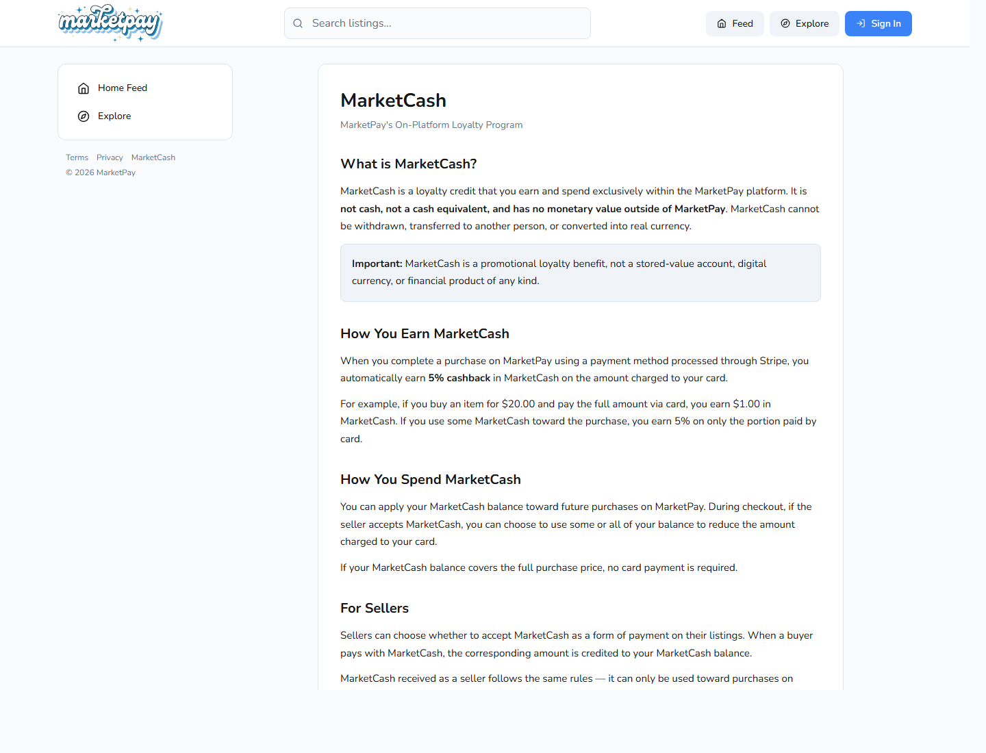MarketCash loyalty program terms and earn/spend rules