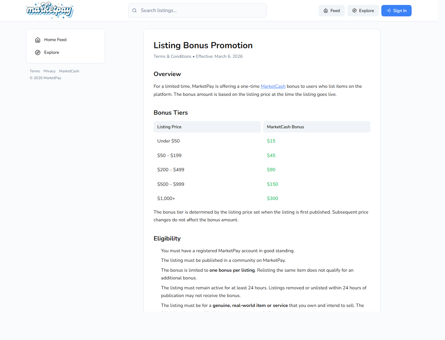 MarketPay listing bonus promotion tiers
